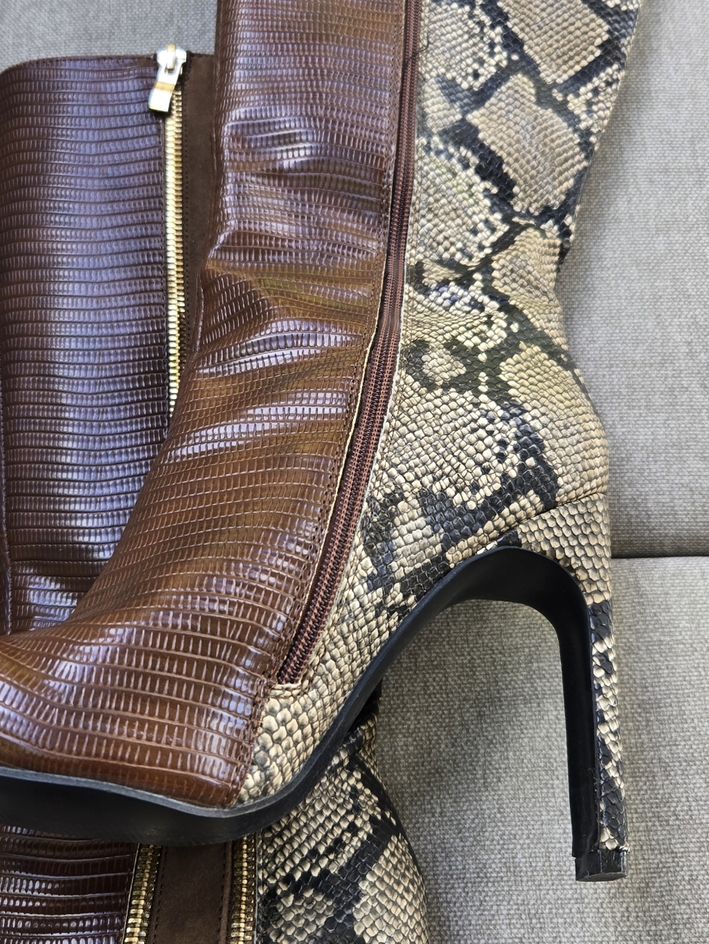 Shoe Dazzle Kioni Brown Snakeskin-Print Knee Boots with Gold Zip - Picture 10 of 16